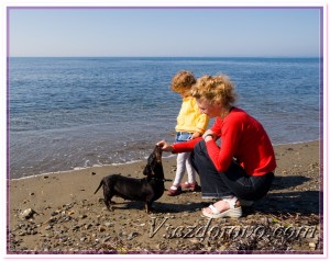 Женщина с ребенком и собакой на море